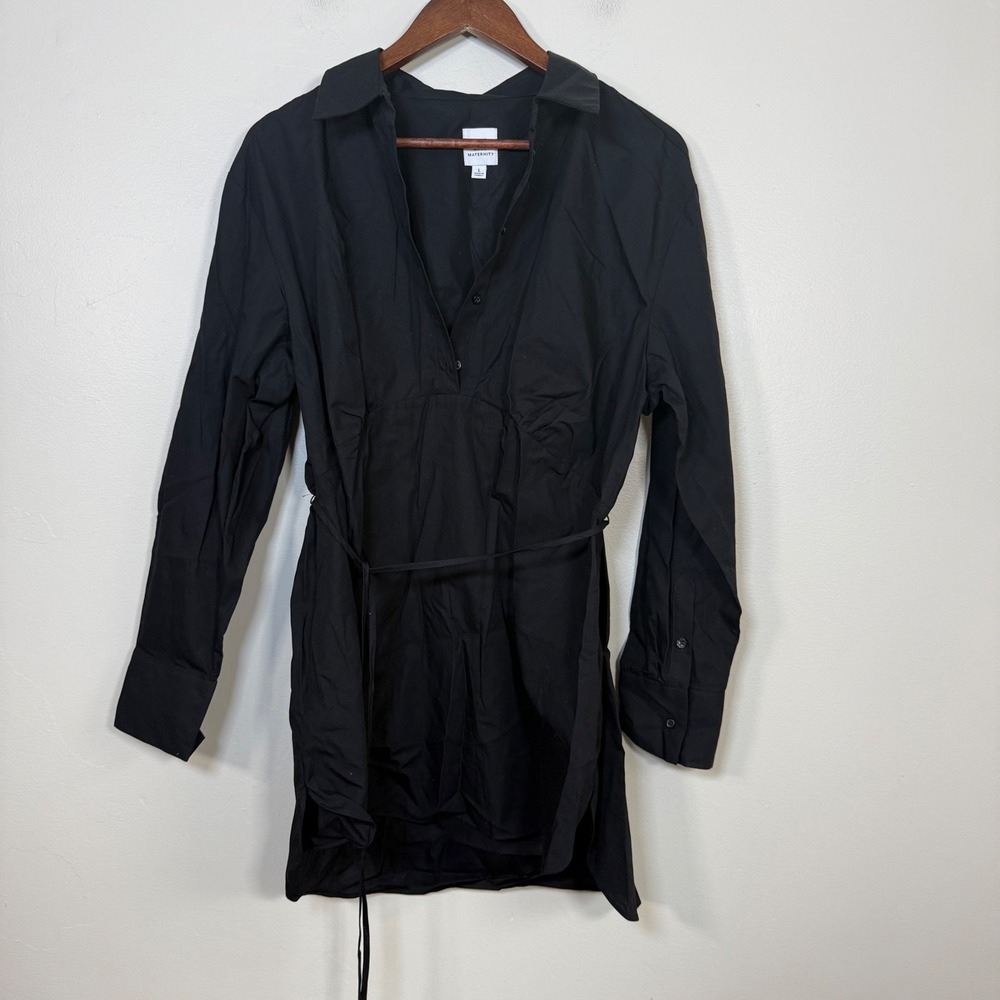 Gap Maternity Poplin Tie-Waist Long Sleeve Shirt Dress Size Large Black